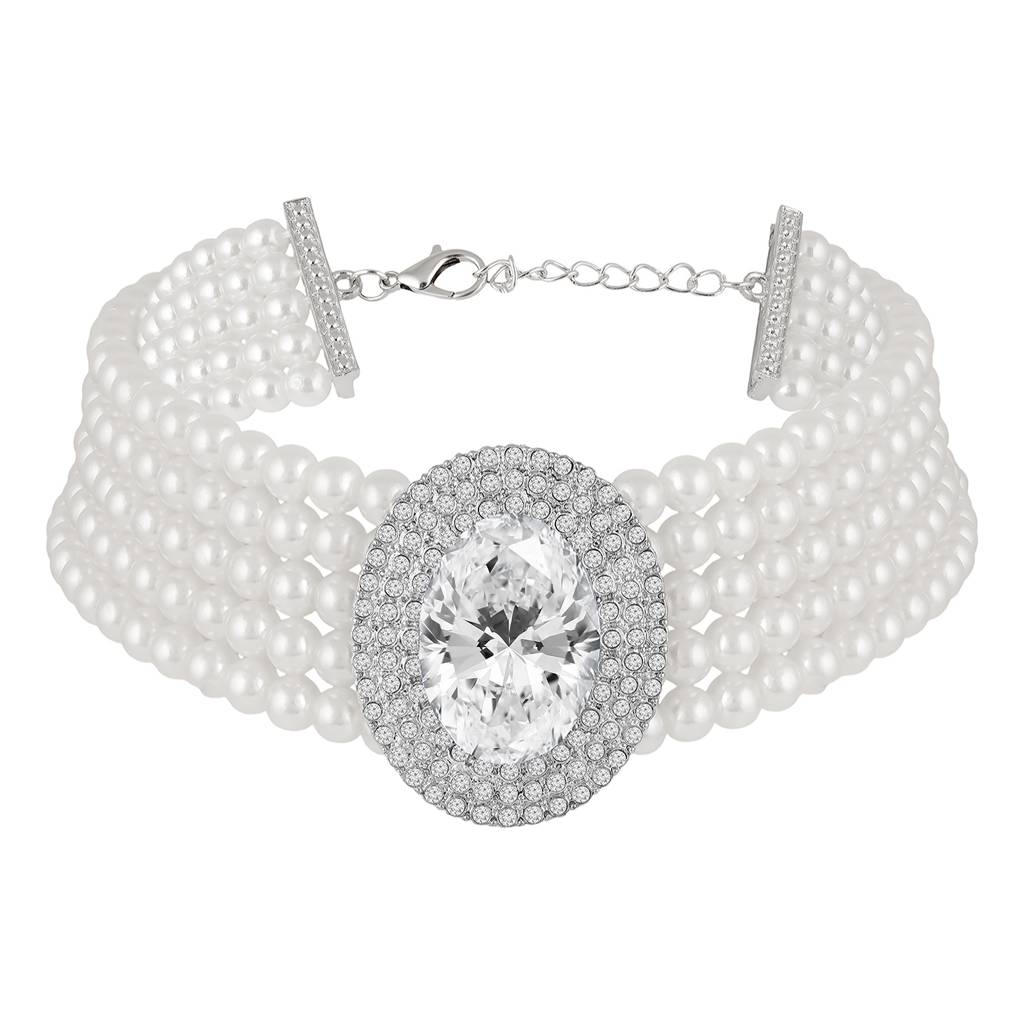 White Ethnic Choker Necklace For Women & Girls | Silver Plated | Crystals, Cubic Zirconia & Pearl Studded | Festive : PX9N219W