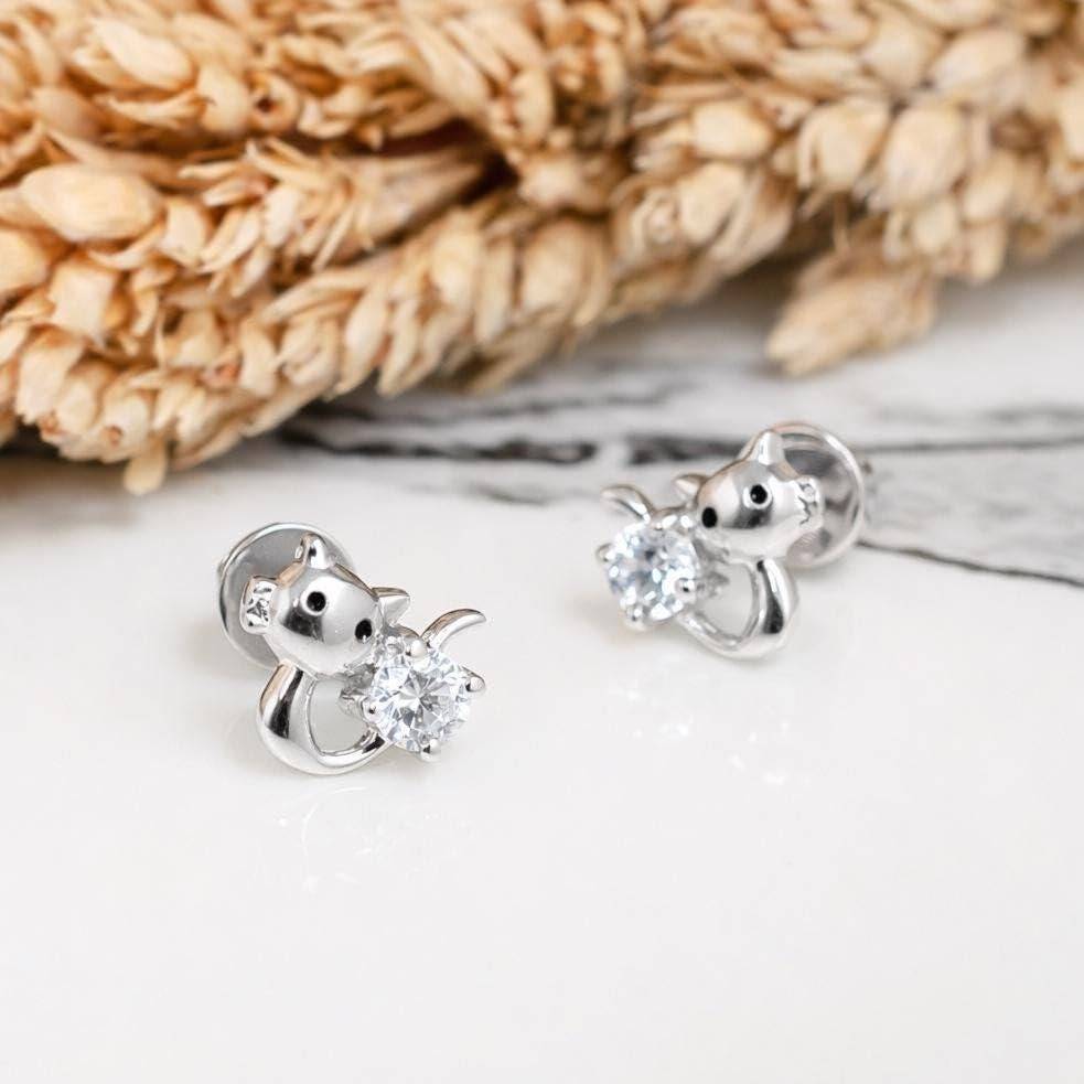 925 Silver Cat Stud Earrings Round Cz Pet : SE_000987