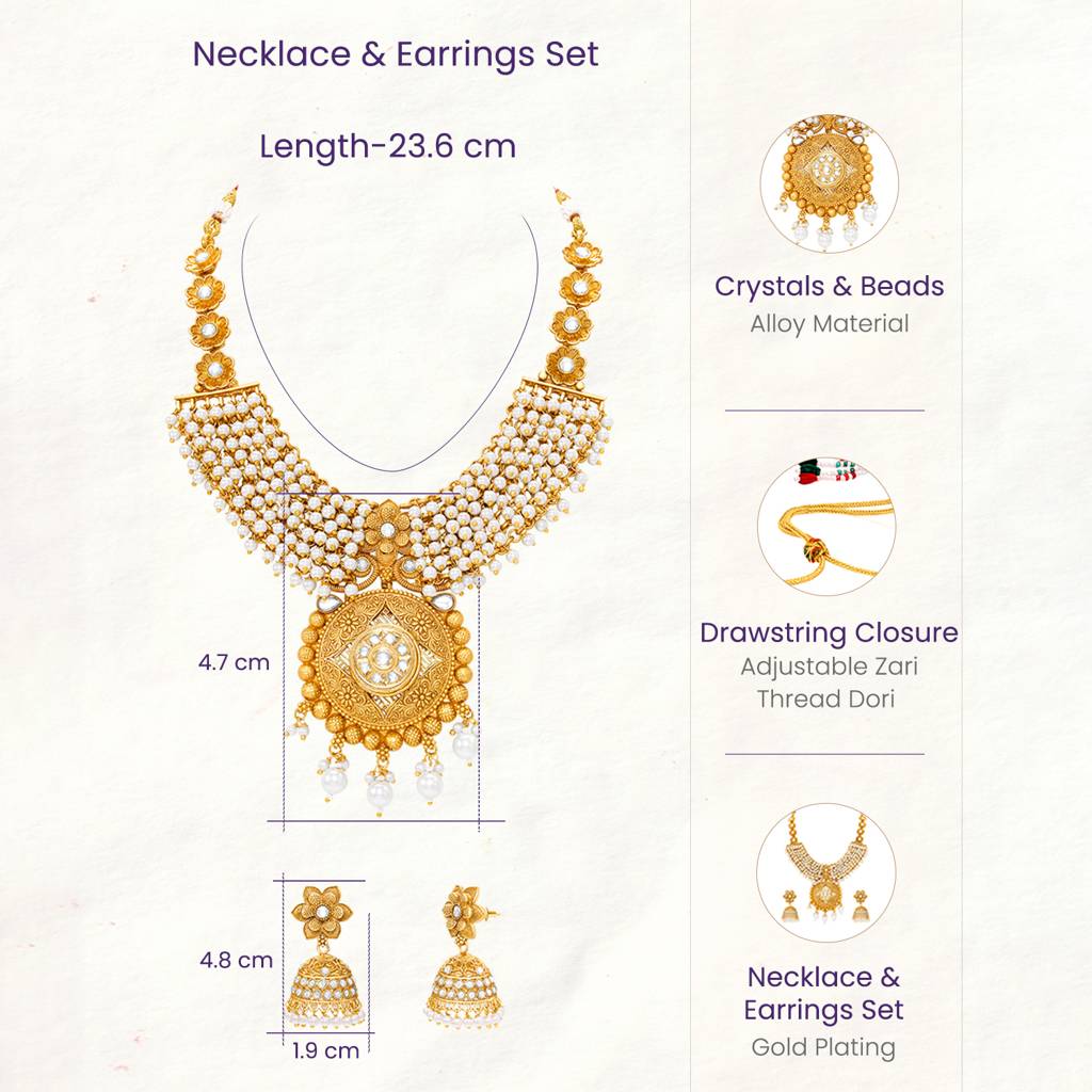 Women'S Gold Plated Ethnic Necklace Earrings Set Beads & Crystal Studded Festive & Bridal Jewellery Anniversary Bi : PF104N28G