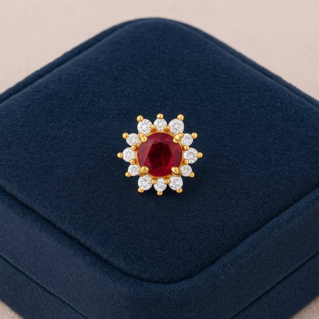 Red Cz Halo Floral Design Nose Pin 925 Sterling Silver Gold Plated : NP-00286