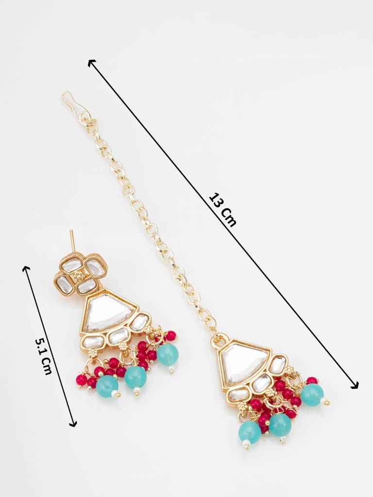 Reception Special Kundan Choker Necklace Set With Earrings And Maang Tikka In Red And Turquoise Beads : NK4193