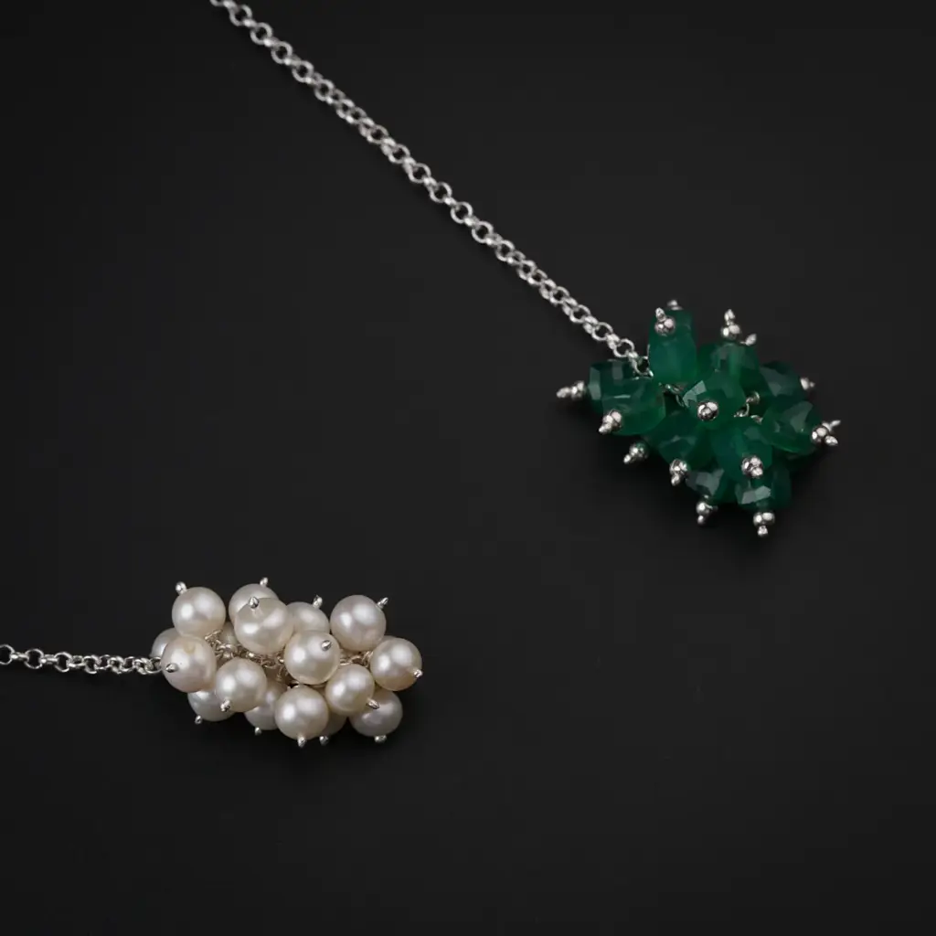 Silver Tie & Wear Necklace With Pearls & Green Onyx : 95895703