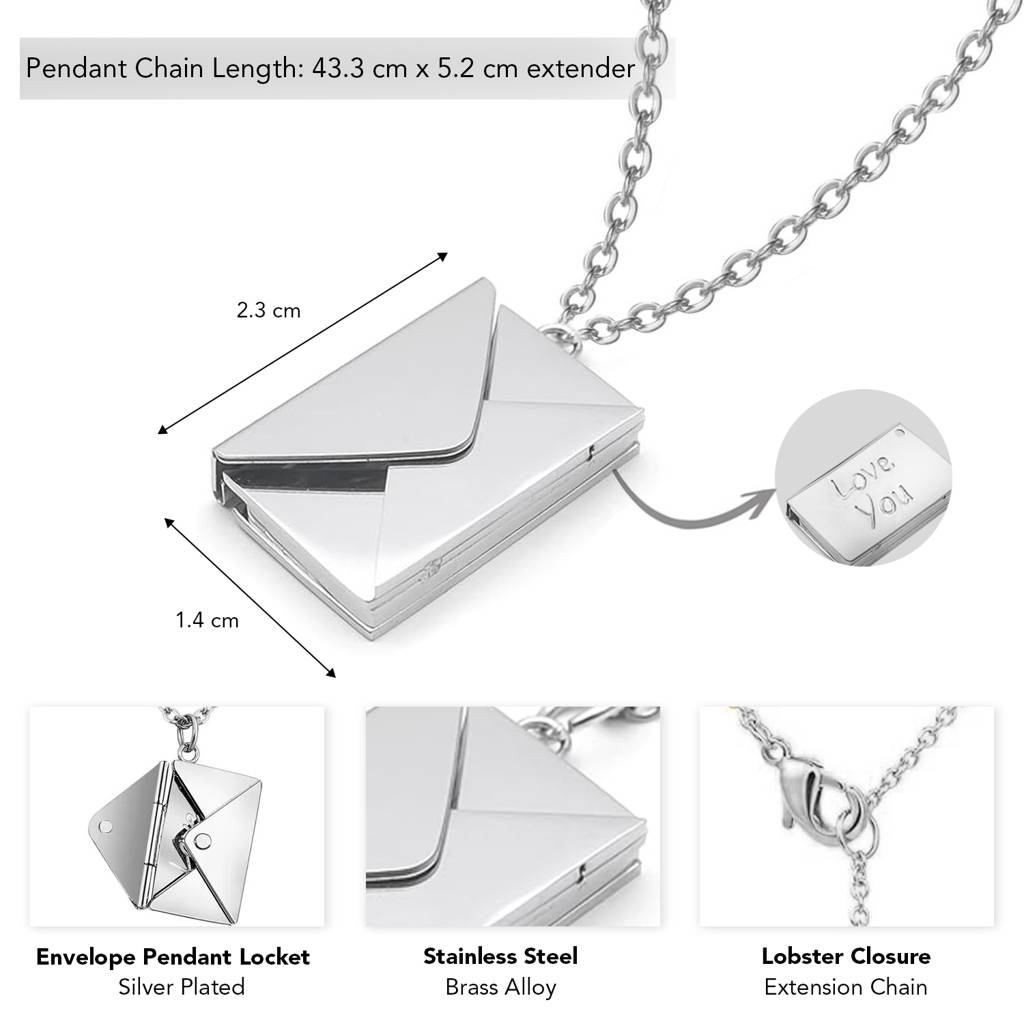 Silver Plated Envelope Pendant Locket Love You Secret Message Chain Necklace Jewellery For Men & Women : PX9P58