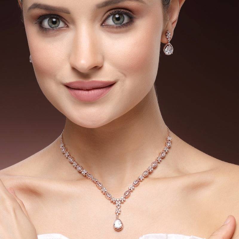 Exclusive Designer Rose Gold Plated American Daimond Teardrop Necklace Set – Lightweight Luxury Anniversary  : AD-836-RGWENKER