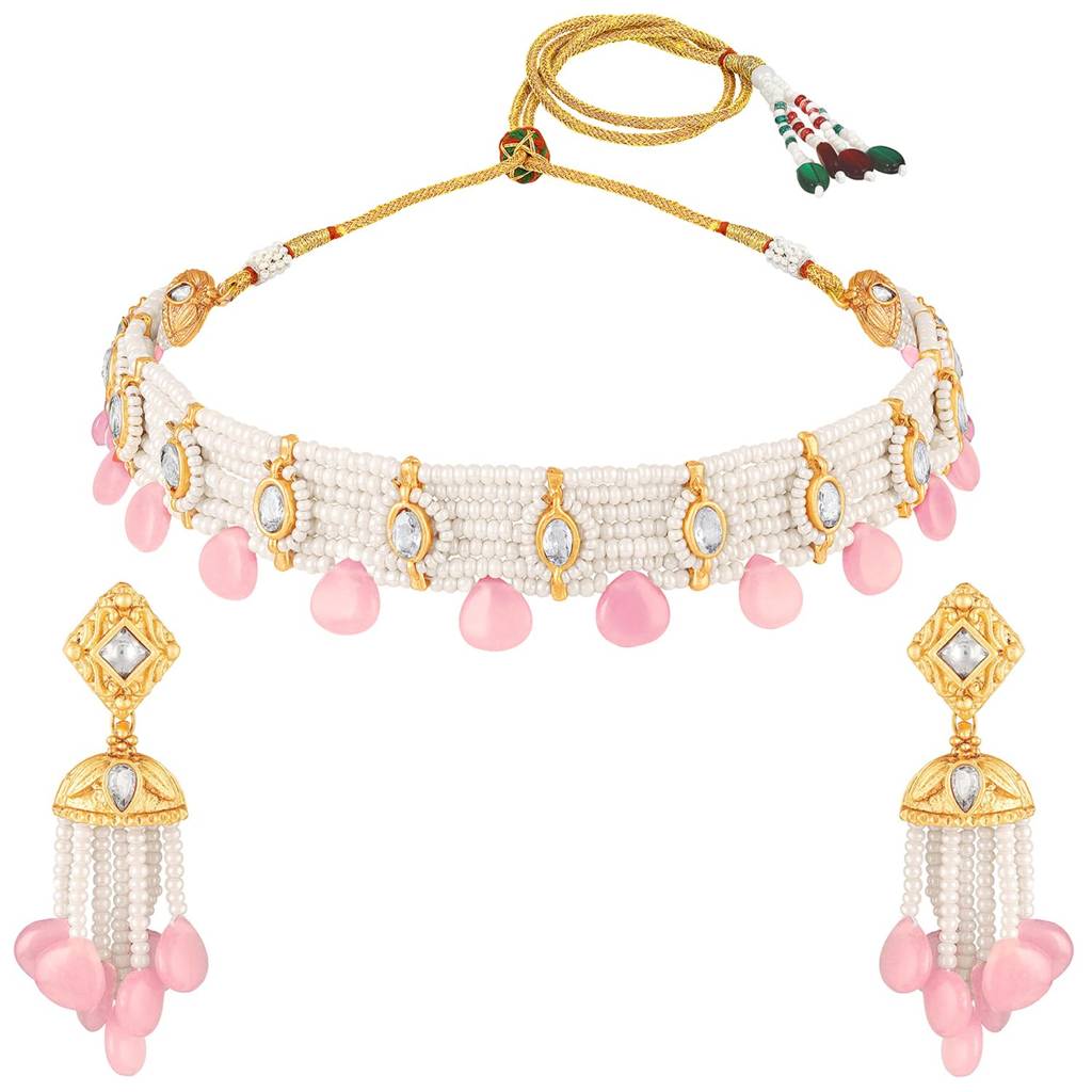 Gold Plated Pink Crystal & Beads Studded Ethnic Necklace Earrings Set Jewellery For Women & Girls : PF104N17PK