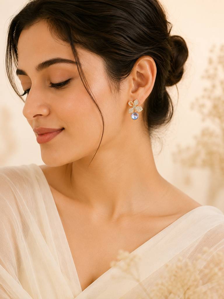Floral Blue Crystal Drop Stud Earrings In 18K Gold Plating : AN-VM-GO-0144-DE