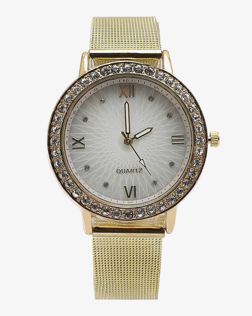 White & Gold Analog Round Dial With Crystal Stones & Gold Metal Strap : HSWC1003