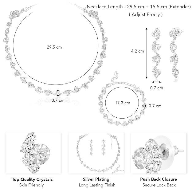 Silver Plated Crystals Studded Necklace Earrings & Bracelet Set Fancy Jewellery For Women & Girls : PX9N110