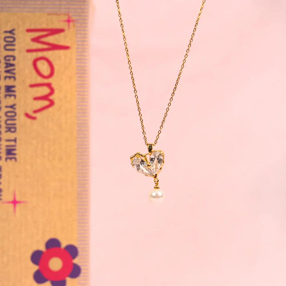 Timeless Love For Mom Crystal Heart Necklace With Heart Ring Combo Set For Mothers : NWTRC-265-G-S-1