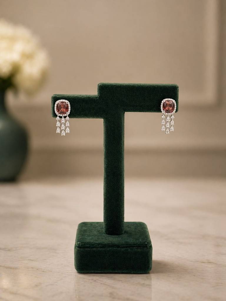 Deep Wine Cushion And Fancy Diamond Bridal Wedding Necklace Set With Earrings : 500072