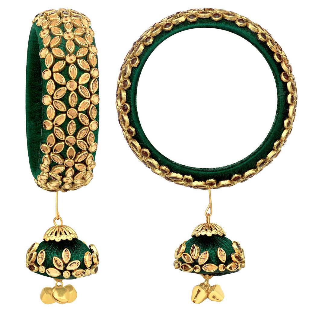 Peora Silk Thread Crystal Design With Dangling Jhumki Chuda Chura Bangle Set For Women : PF51B72G
