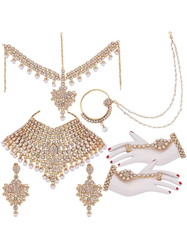 Peora American Diamond Studded Jodha Akbar Bridal Choker Necklace Traditional Jewellery Set Gift For Women Girls : PF37BRBLP021W