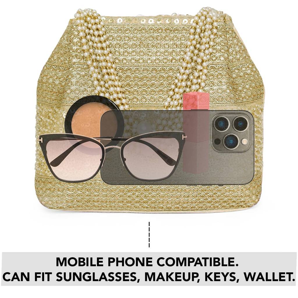 Golden Potli Zari Sequence  Purse For Women Handmade Handbag Wristlet Bridal Bag : P95G-F-1