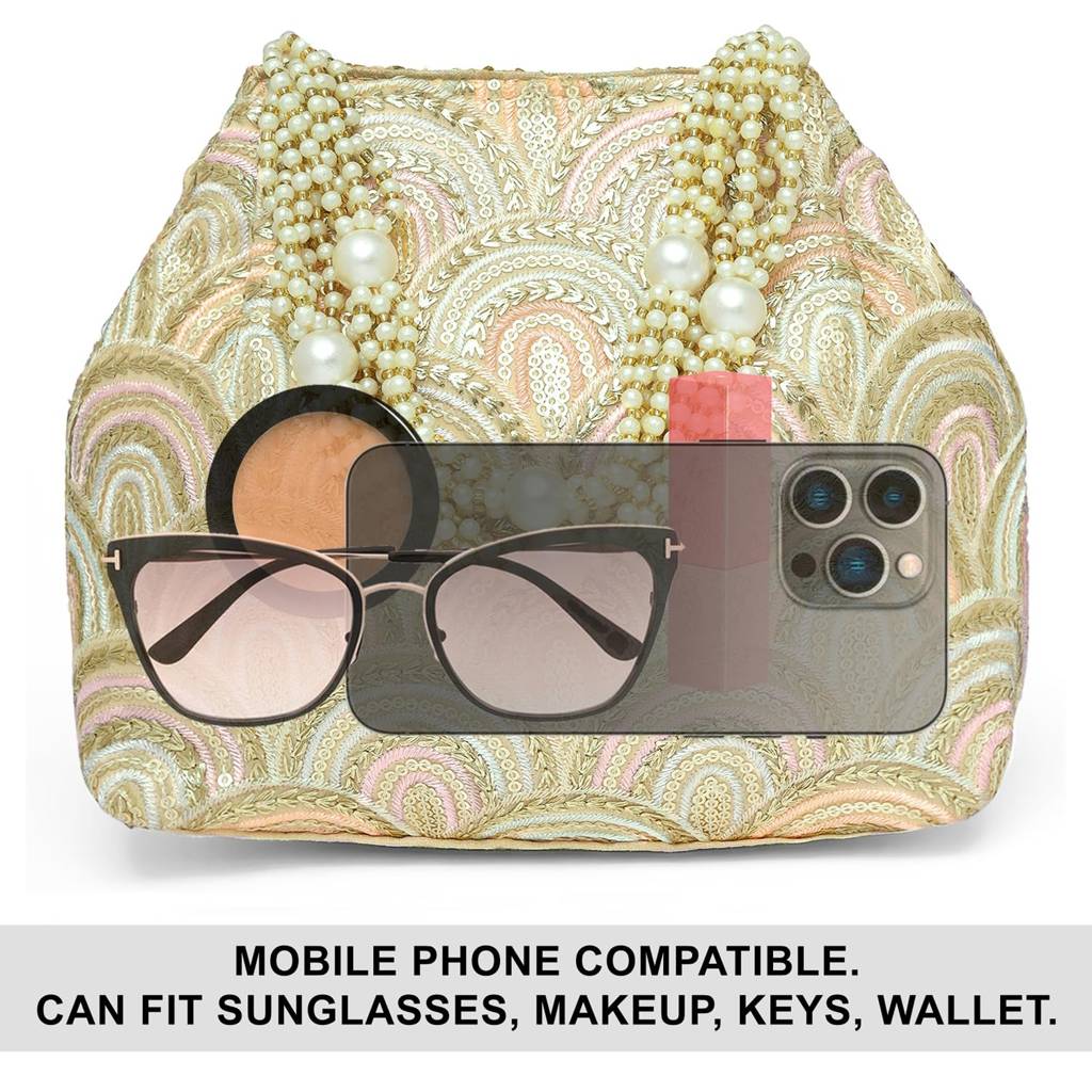 Sequins Motifs Potli Bag For Women Handmade Wristlet Handbag Stylish Bridal Purse Fashion Bag For Girls : P206CRM-L