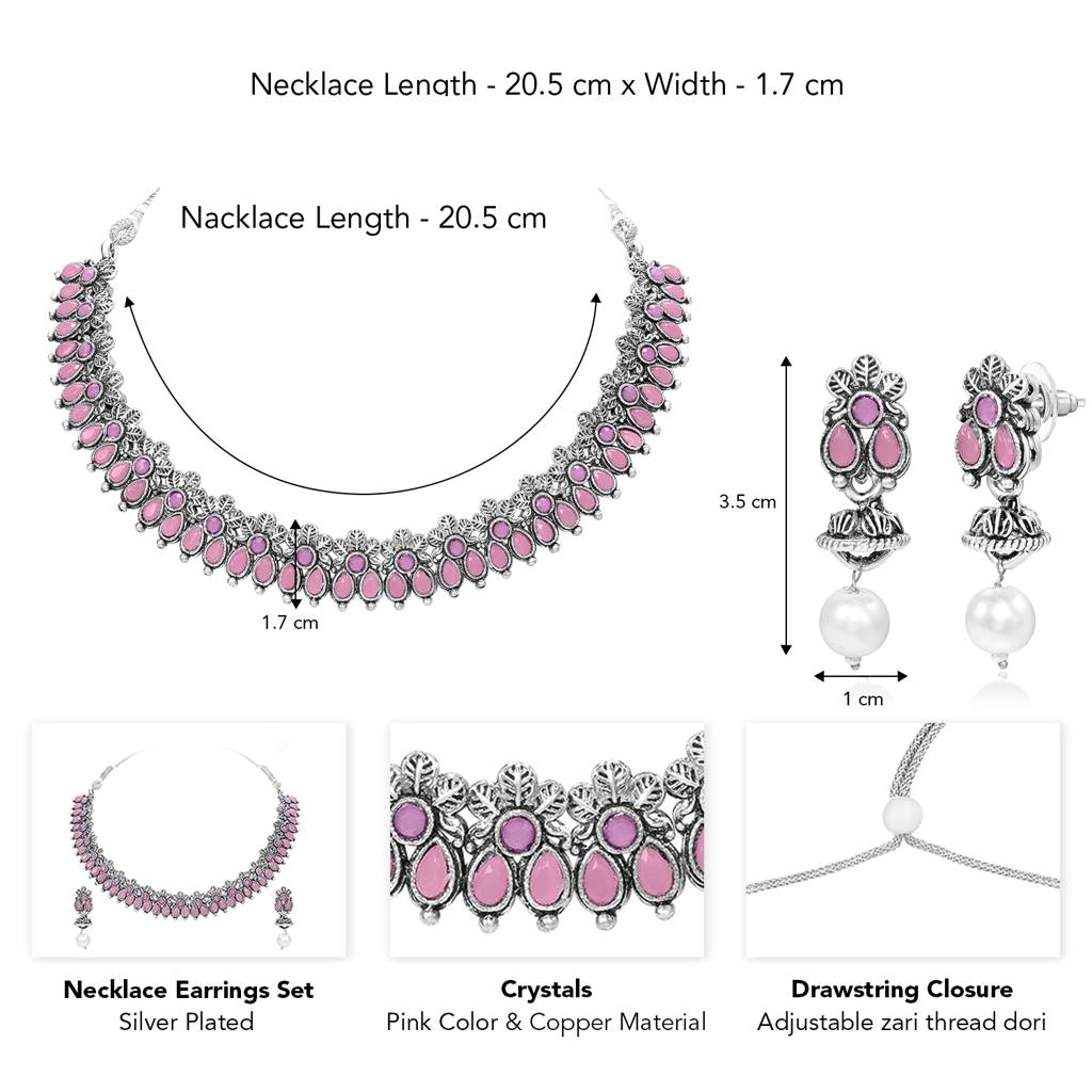 Women'S Silver Plated Ethnic Pink Necklace Earrings Set Crystal Studded Festive Jewellery Anniversary Birthday Gif : PF04N15PK