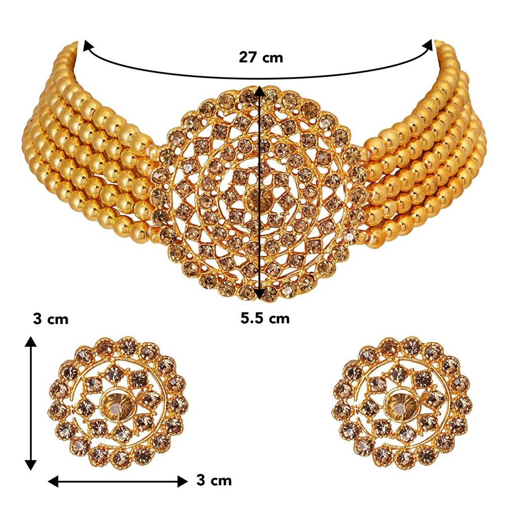Gold Plated Brass Pearl Diamond Choker Necklace With Round Earrings Traditional Jewellery Set Gift For Women : PF26N1374LCT