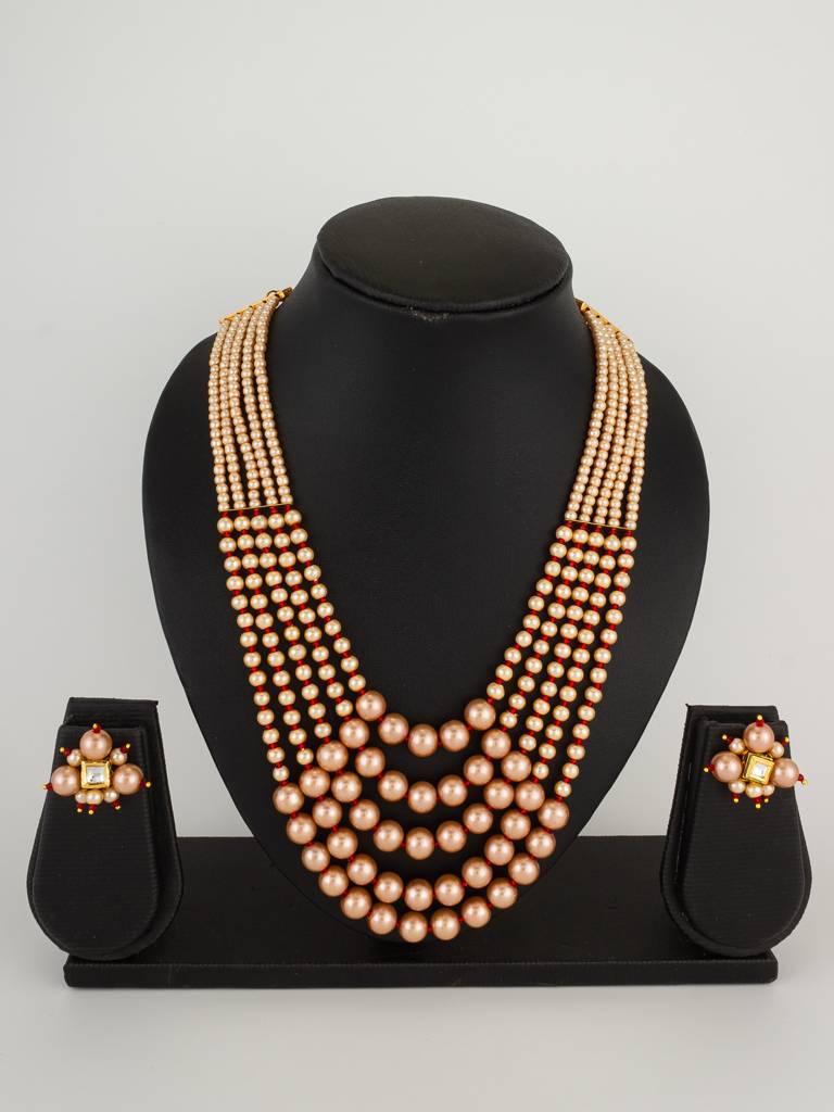 Five-Strand Peach Pearl Mala Necklace Set With Kundan Cluster Earrings : NK4440