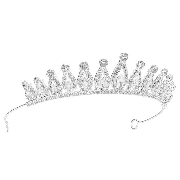 Silver Plated Crystal Studded Princess Crown Tiara For Women Sparkling Cubic Zirconia Bridal Hair Jewellery Festiv : PX9CW27RW