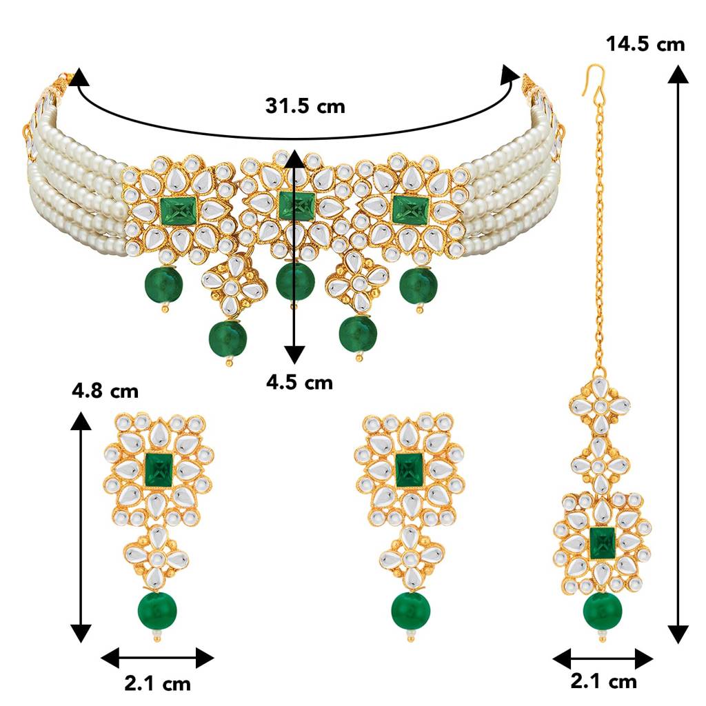 Gold Plated Pearl Beaded Adjustable Choker Necklace With Earring Maang Tikka Jewellery Set For Women : PF37N224WG