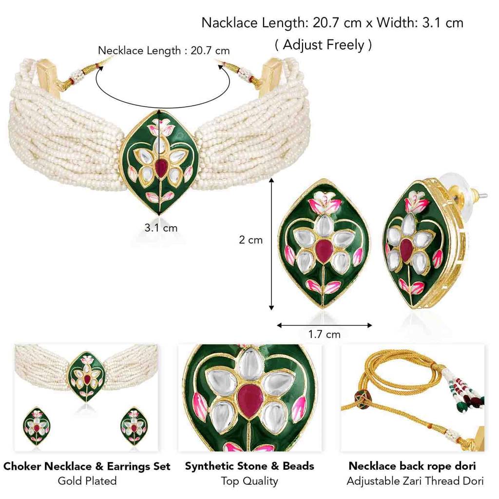 Gold Plated White Synthetic Stone & Beads Studded Meenakari Necklace Stud Earrings Jewellery Set For Women Girls : PF04NK2604G