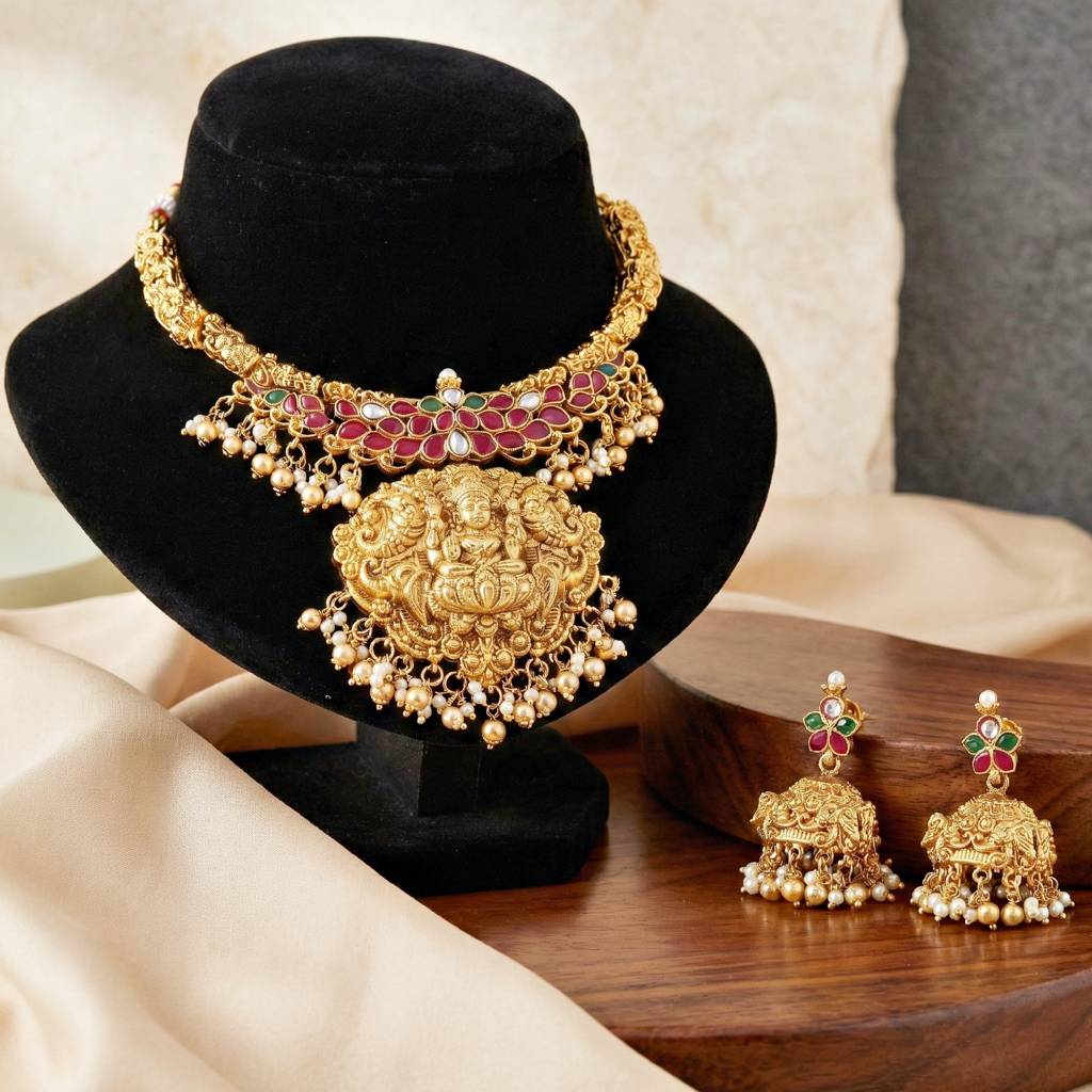 Gold Plated Temple Set With Goddess Lakshmi Pendant, Red & Green Stone, Antique Traditional South Indian Bri : 1634-ISR-2180-R