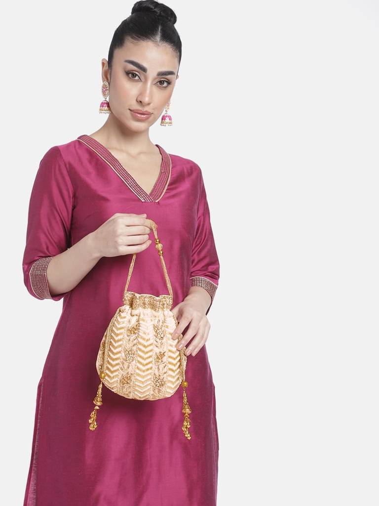 Potli Bag For Women Handmade Evening Wristlet Handbag Stylish Bridal Purse Fashion Bag For Girls (P128Crm) : P128CRM