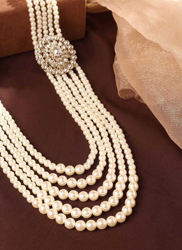 Pleasant Flower Design Pearl 5 String Brown Stone Kundan Antique Gold Plated Long Haram Necklace Mala For Women  : 6ML13_WHITE