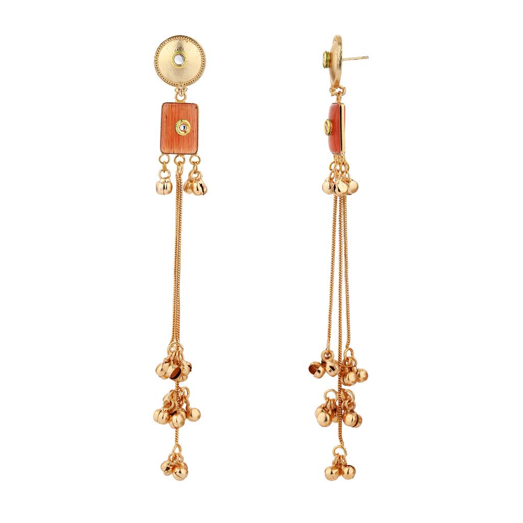 Kashmiri Orange Red Stone Gold-Toned Dangler Earrings : 8905124585049