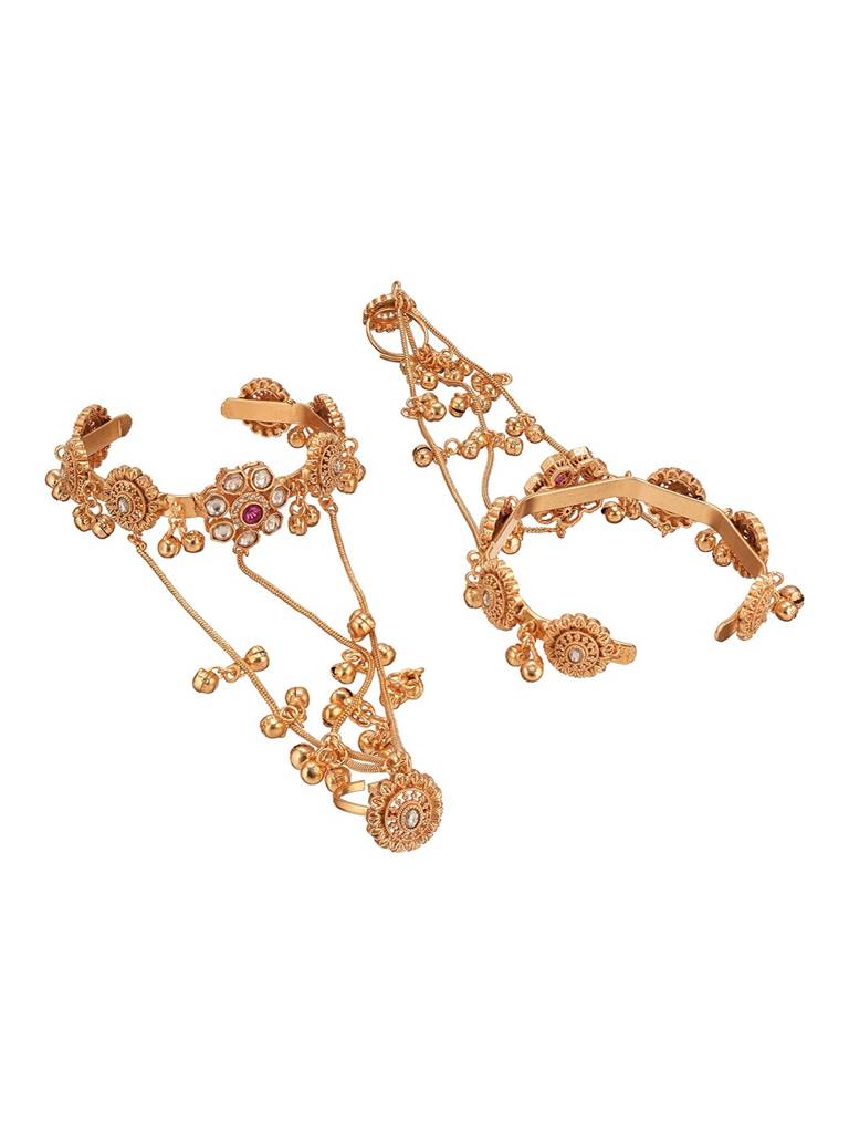 Set Of 2 22K Gold Plated Kundan Flower Kashmiri Ghungroo Bridal Hathphool : SJHP3003