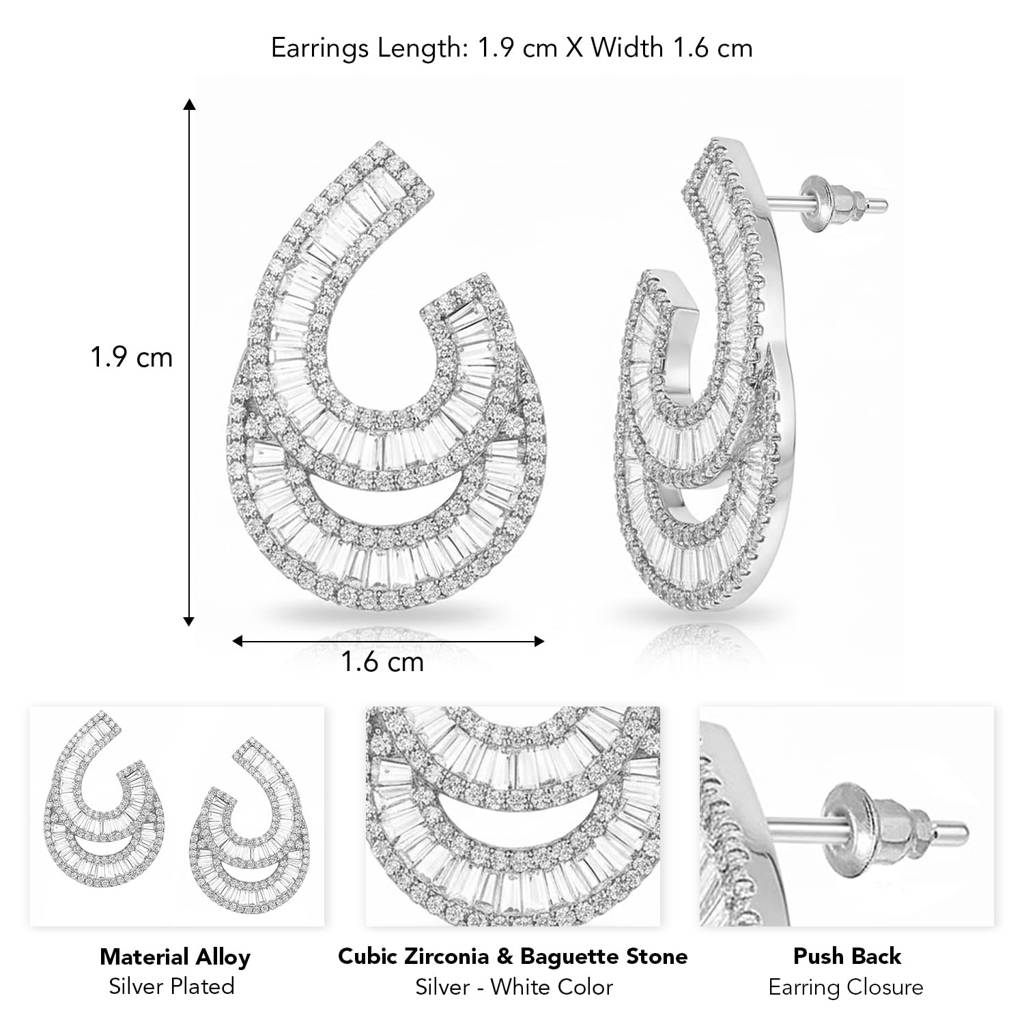 Silver Plated Cubic Zirconia & Baguette Stone Studded Fancy Stylish Stud Earrings Jewellery For Women & Girls : PX9E3141S