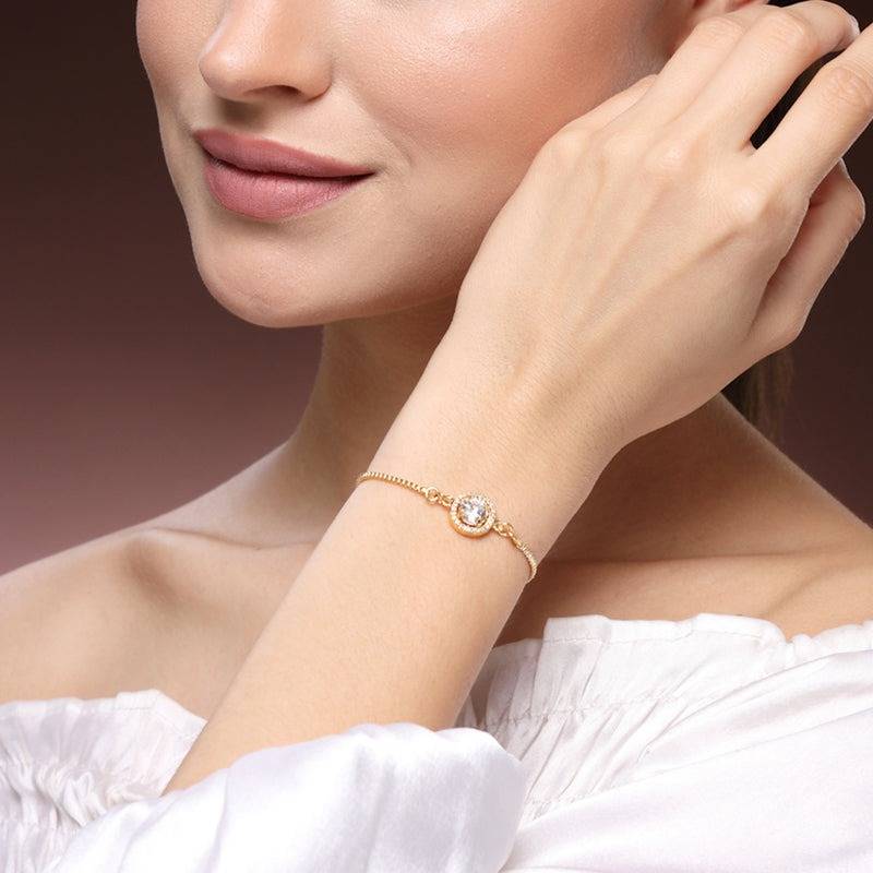 Premium Gold Plated Cz Round Motif Bracelet – Elegant Lightweight Jewelry For Weddings & Celebrations : AD-130-IGBR