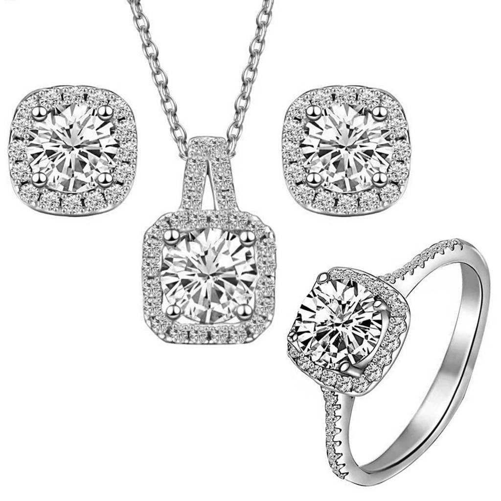 Silver Plated Cz Studded Pendant Chain Necklace Finger Ring & Stylish Stud Earrings Set Jewellery Gift For Women & G : PX9PS15