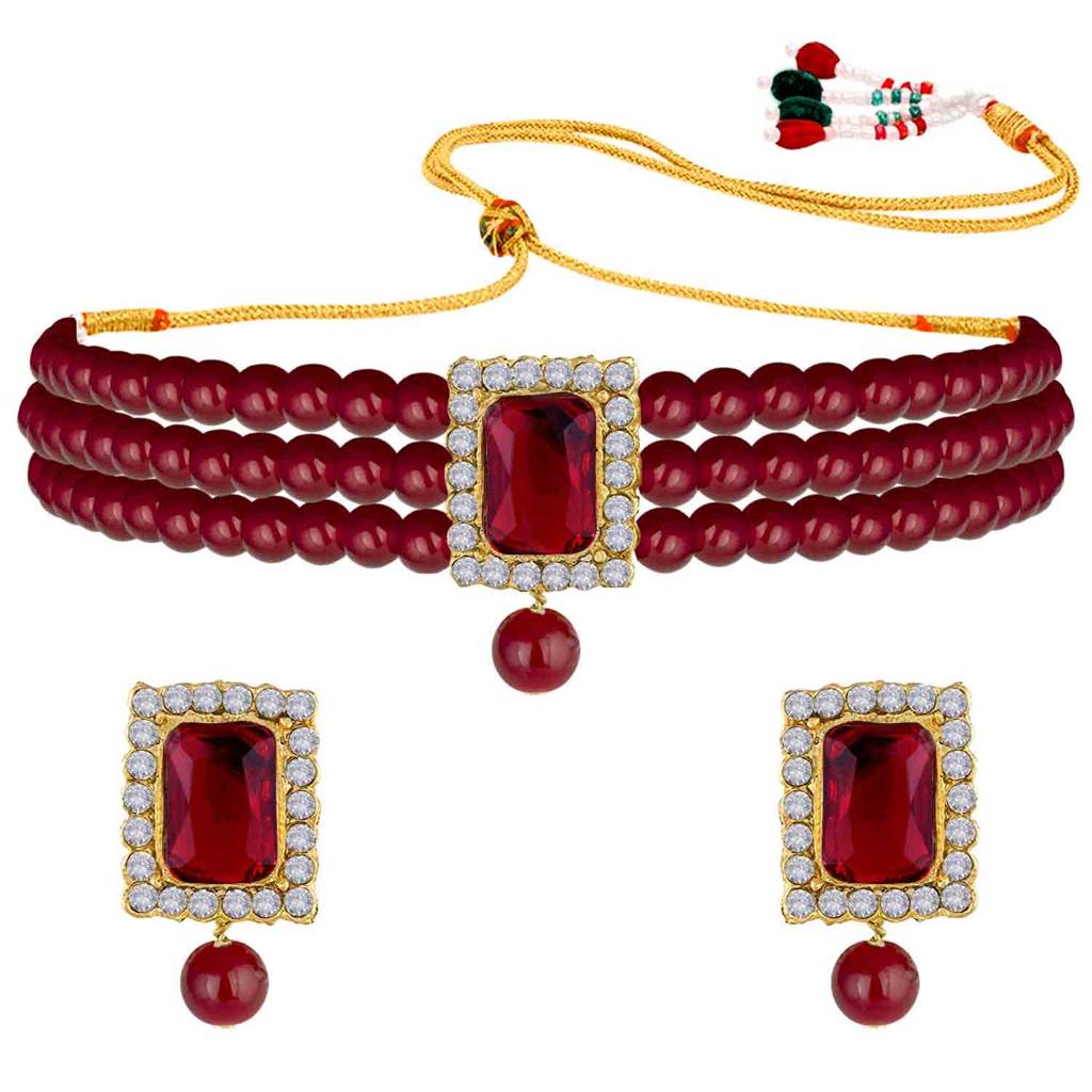 Peora Gold Plated Indian Traditional Crystal Pearl Beaded Choker Necklace Jewellery Set For Women : PF24N02M-1