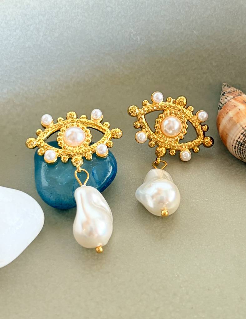 Eye Pearl Earrings - Waterproof, 18K Gold Plated : SS_EARRINGS_EYE_PEARL_GOLD