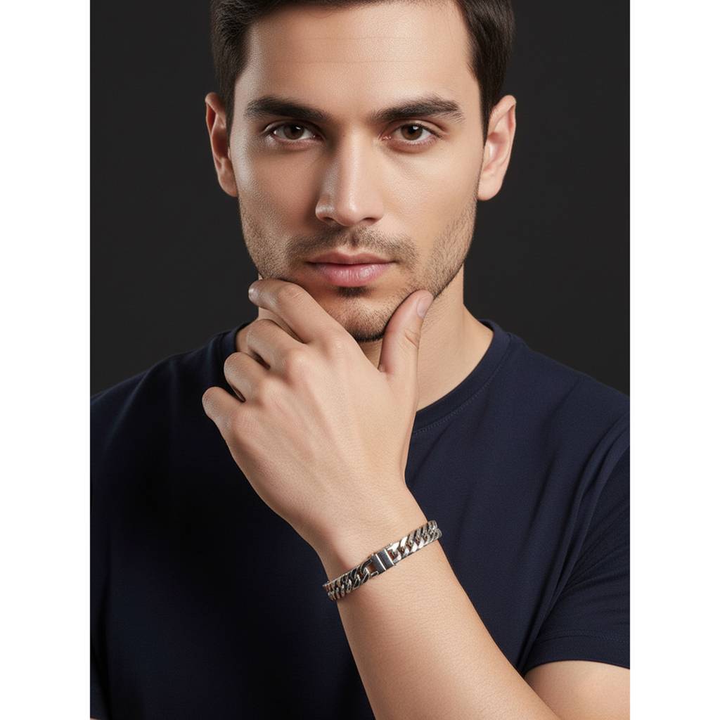 Combo Stainless Steel Single Earrings With Silver Plated Openable Stylish Link Chain Bracelet For Men : PX5SB111-PX9ME04S
