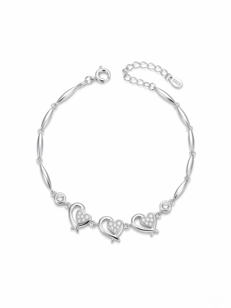 925 Silver Three Heart Ribbon Bracelet For Women : BR-62