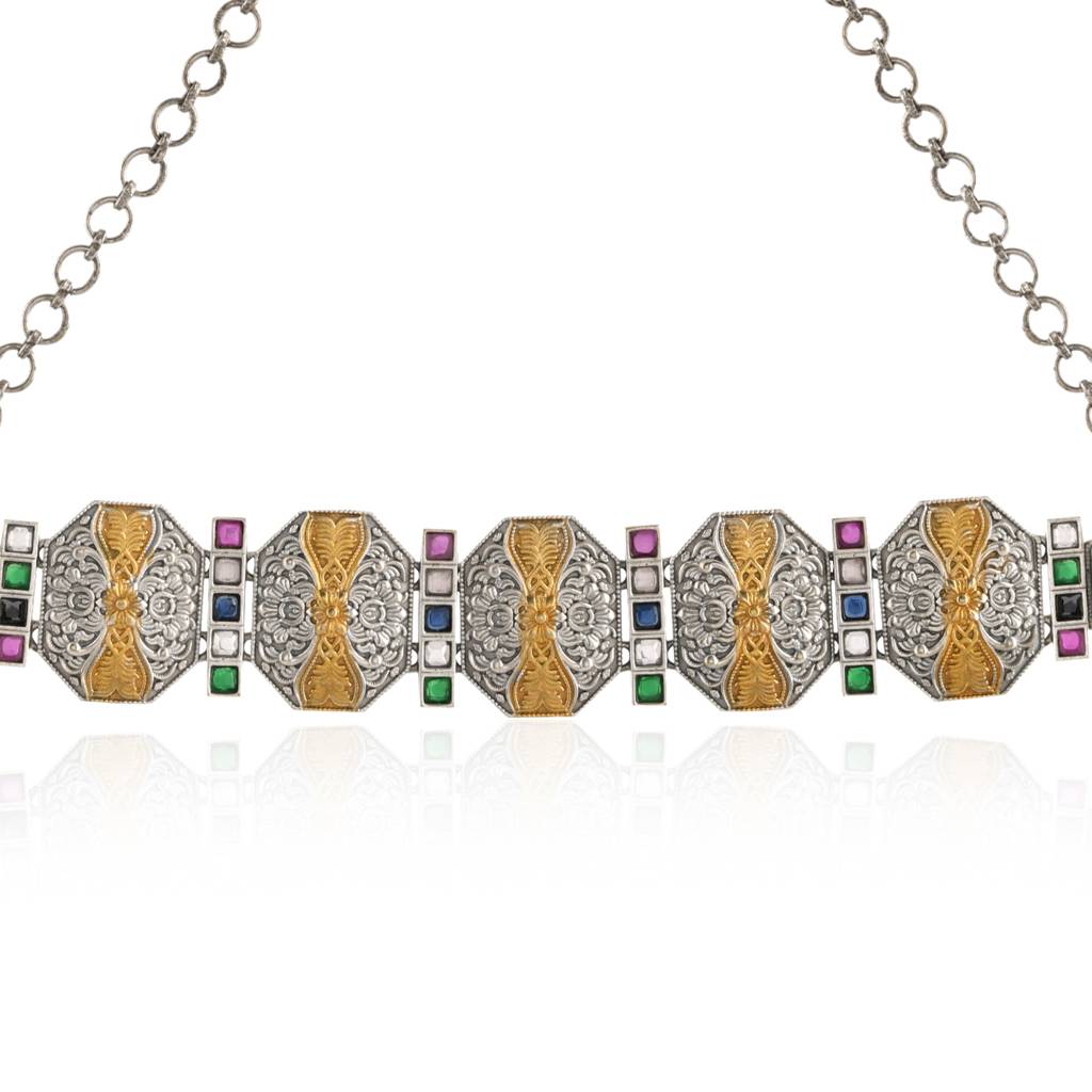 Oxidised Silver Choker & Earrings Set With Green Stone - Antique Elegance : 8905124582758