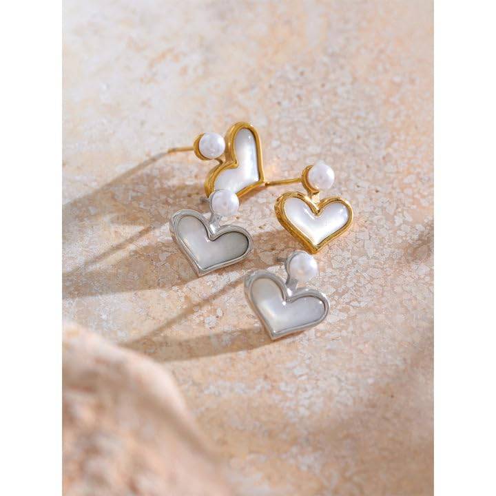 Pearla Heart Pearl Stud Earrings - Gold | 18K Gold Plated | Waterproof, Hypoallergenic & Anti-Tarnish : DSVDJY05250425