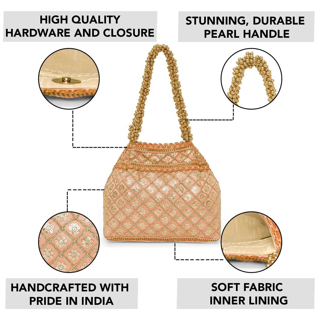 Peach Patterned Potli Bag Ethnic Wristlet Purse For Women & Girls : P121PCH