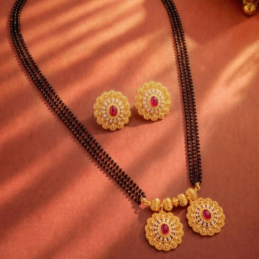 Traditional Gold Plated Mangalsutra Earrings Set For Women | Faux Ruby Studded | Festive & Bridal Jewellery : PF04MS15RG