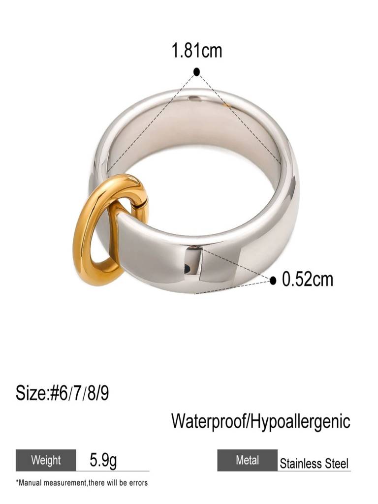 Mixed Metal Two Tone Statement Ring With Loop Anti-Tarnish Waterproof 18K Gold Plated For Women : AWX0925R7006GS8