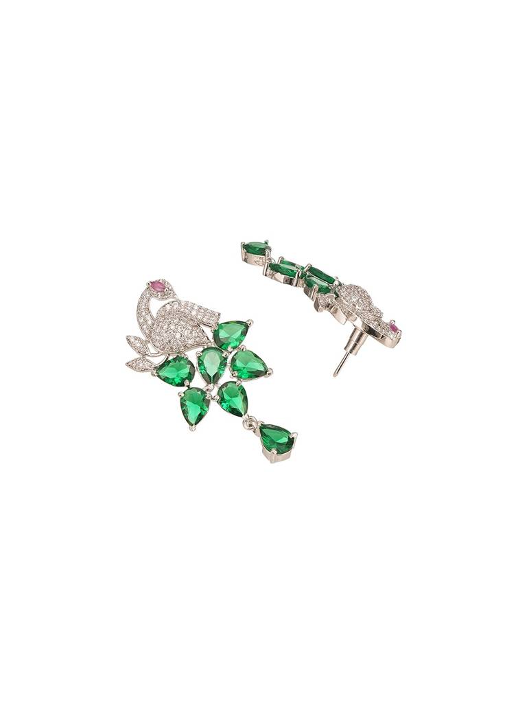 Silver Plated Emerald Green Ad Peacock Statement Earrings : SJER2985