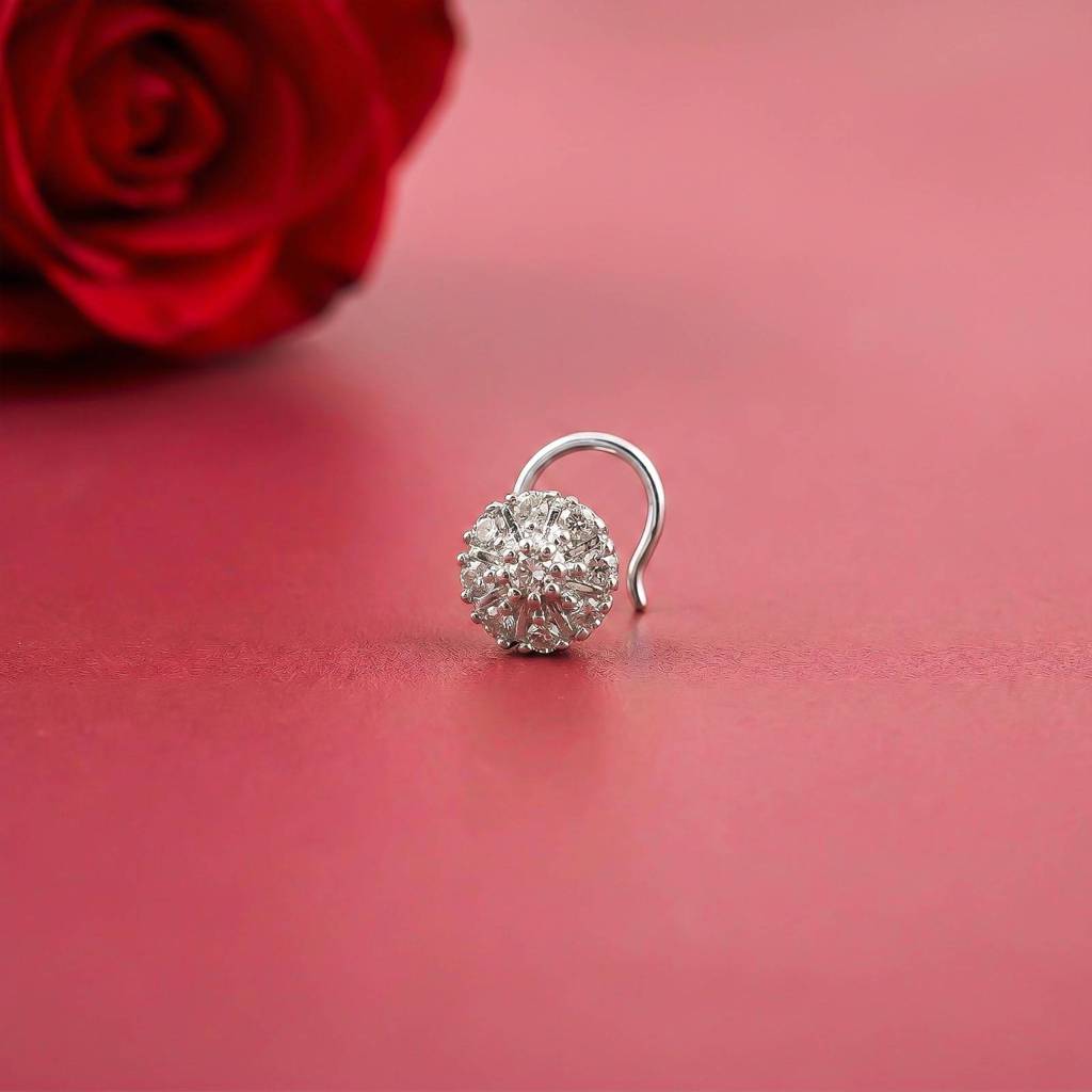 Silver Round Floral Cluster Cz Nose Pin For Women : ZLNSP-1006