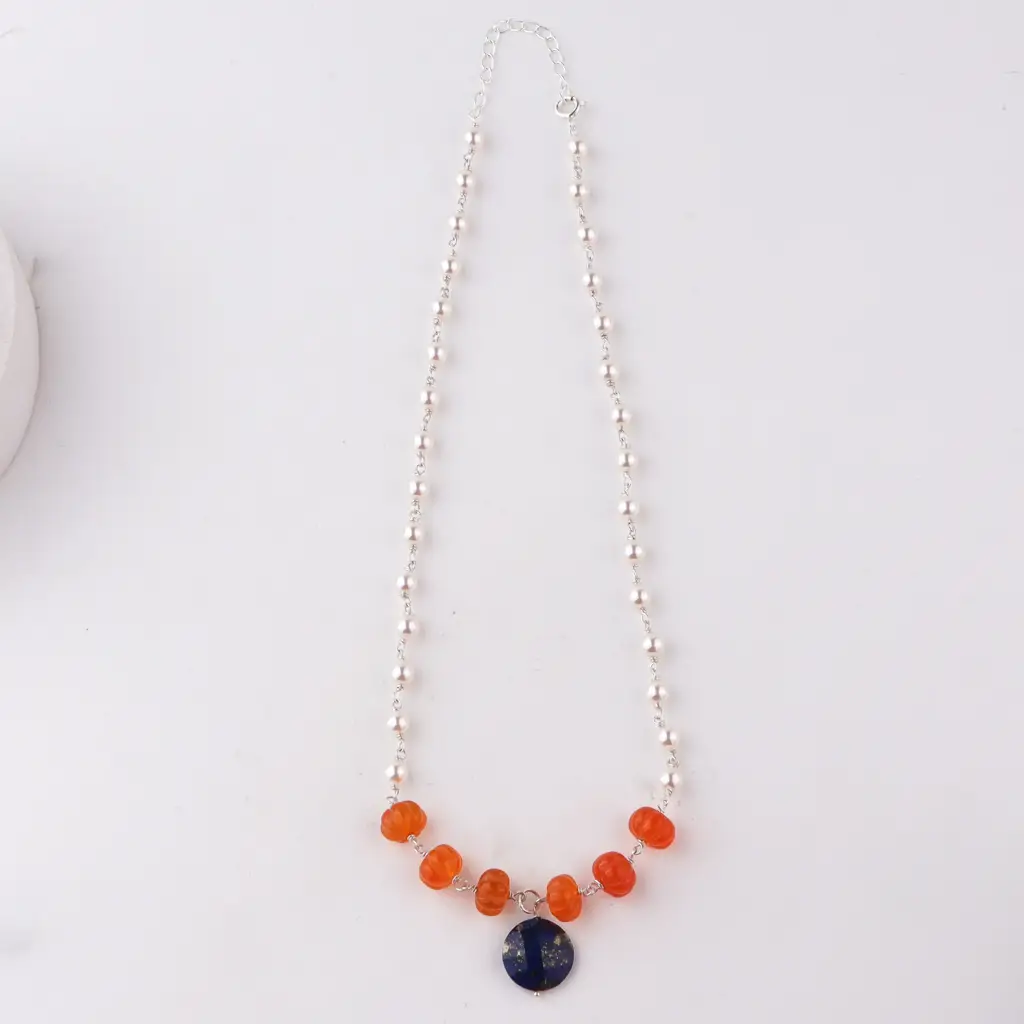 Silver Pearl Lapis Necklace With Carnelian Stone : 74866327