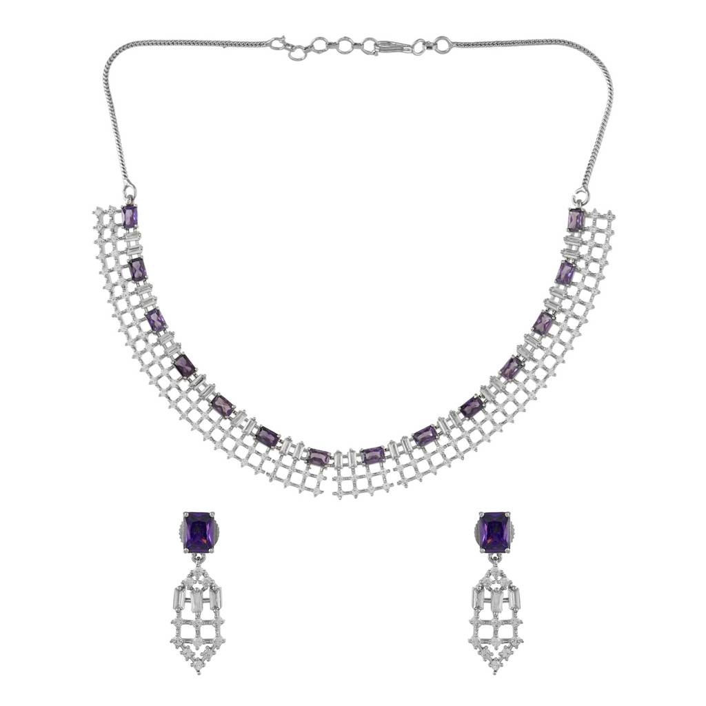 Sparkling Elegance Glamorous Purple American Diamond Necklace Set : 8905124533033