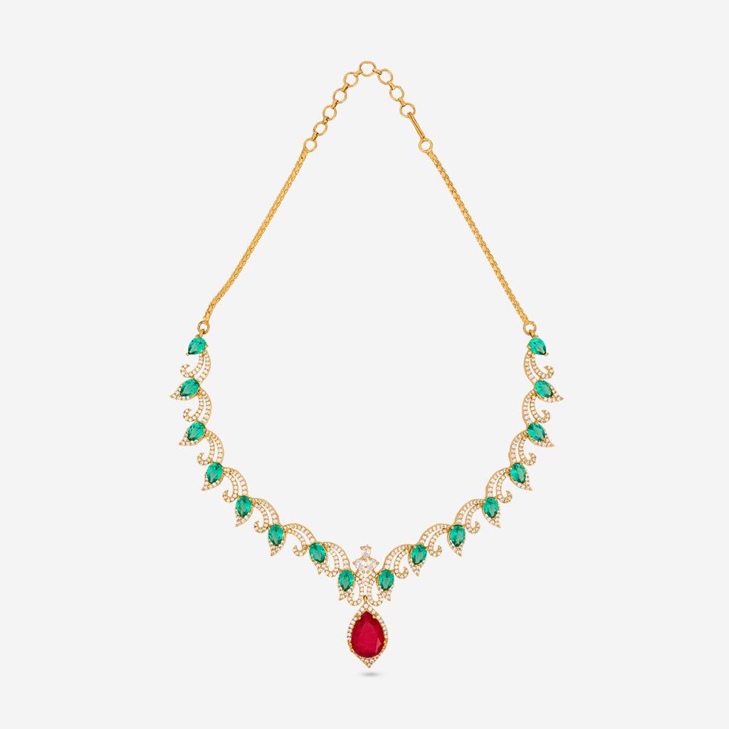 Ruby-Green Gold-Rose - Plated Party Wear Zircon Necklace - 469500 : 469500