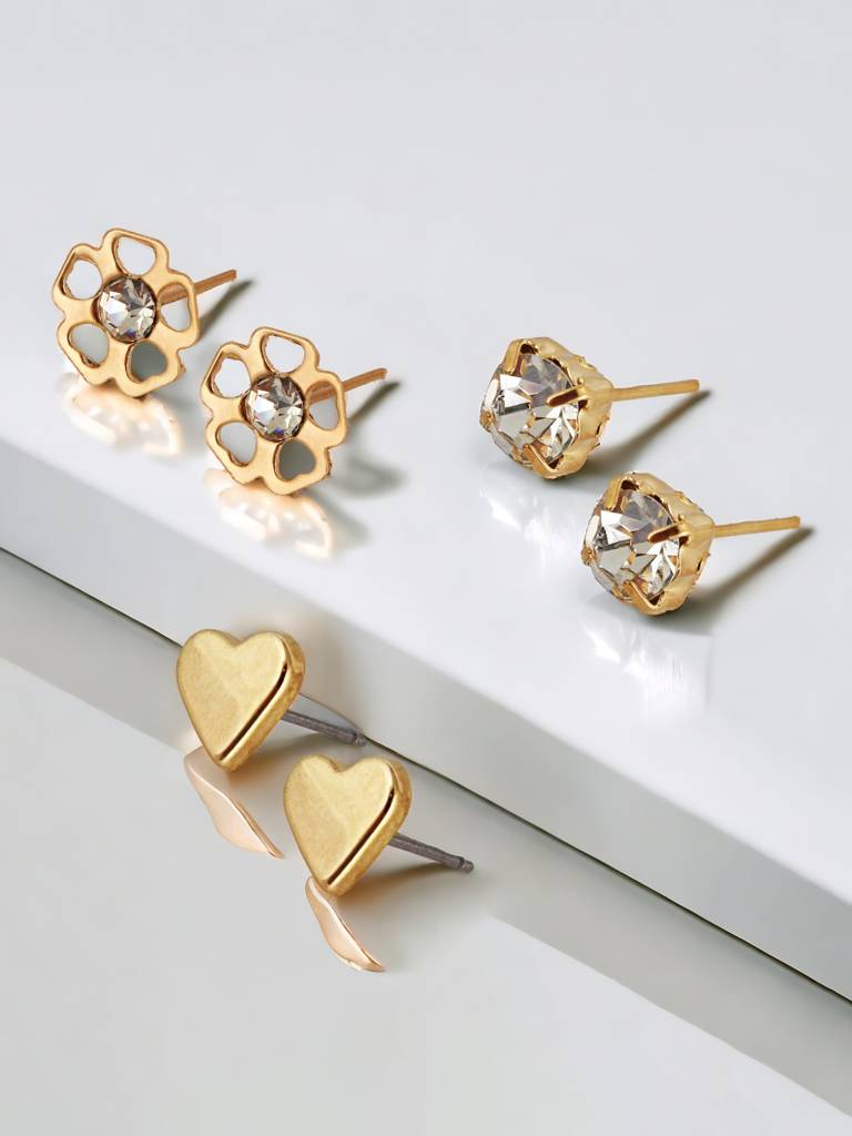 9 Pairs Combo Earrings- Gold Plated Stone Studs, Chain Link Danglers And C Shaped Drops : 225-CHEX-1157-9