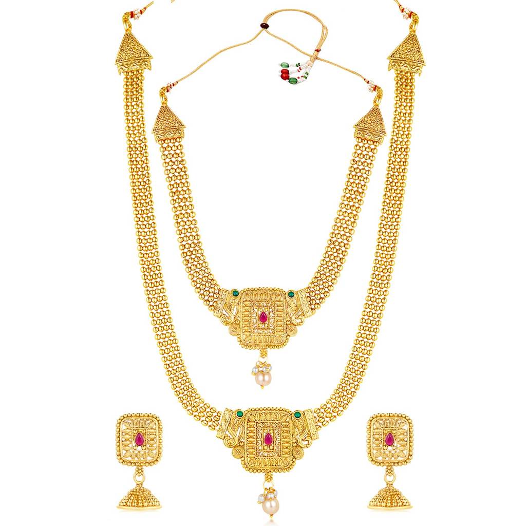 Gold Plated Synthetic Stone & Pearl Studded Maharani Haar Short & Long Necklace With Jhumki Earrings Bridal J : PF04BR10662RPG