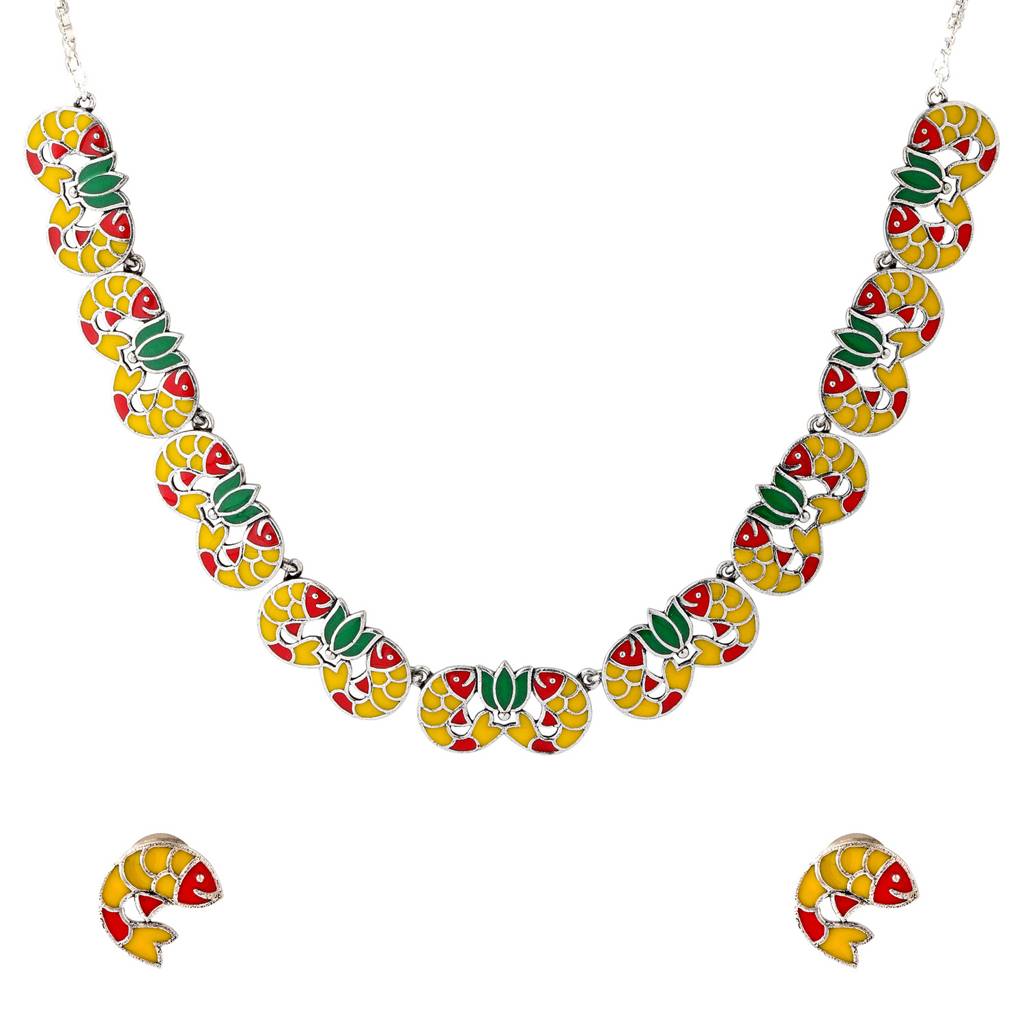 Madhubani Kamala Katha Oxidised Enamel Necklace Set : 8905124560879