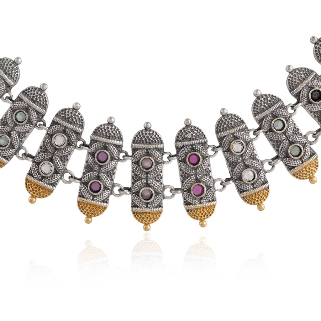 Oxidised Silver-Gold Choker Necklace & Earrings Temple Set - Antique Elegance : 8905124582772